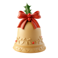 Golden Christmas bell with red ribbon and holly 3D clay style round edges bright isolate on transparent background png
