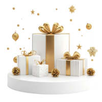 Christmas white and gold podium presents 3D icon isolate on transparent background png