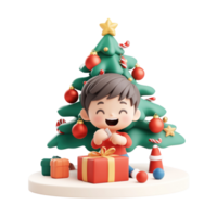 A child excitedly opening a Christmas present under a fir tree decorated with ornaments 3D icon isolate on transparent background png