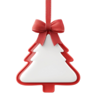 Red and white Christmas sale tag shape of fir tree with ribbon and bow hanging 3D icon cartoon smooth soft light isolate on transparent background png