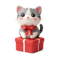 Cat sitting on red gift box 3D icon isolate on transparent background png