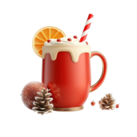 Red mug of eggnog cocktail with Christmas decoration 3D icon cartoon smooth soft light isolate on transparent background png
