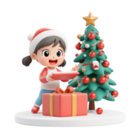 A child excitedly opening a Christmas present under a fir tree decorated with ornaments 3D icon isolate on transparent background png