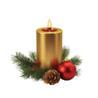 Gold Christmas candle with green fir branch and red shiny bauble 3D icon isolate on transparent background png