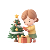 A child excitedly opening a Christmas present under a fir tree decorated with ornaments 3D icon cartoon smooth soft light isolate on transparent background png