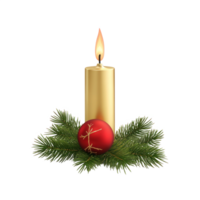 Gold Christmas candle with green fir branch and red shiny bauble 3D icon isolate on transparent background png
