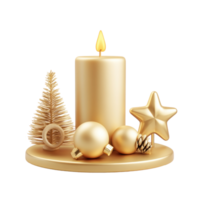Gold Christmas candle with decoration items 3D icon isolate on transparent background png
