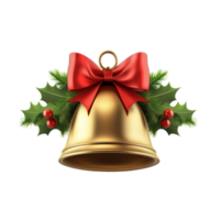 Golden christmas bell with red ribbon and holly 3D icon cartoon round edges isolate on transparent background png