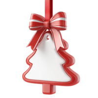 Red and white Christmas sale tag shape of fir tree with ribbon and bow hanging 3D icon cartoon smooth soft light isolate on transparent background png