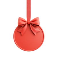 Red Round Christmas sale tag with ribbon and bow hanging 3D icon isolate on transparent background png