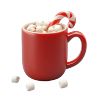 Red Hot chocolate mug with candy cane and marshmallows 3D icon isolate on transparent background png