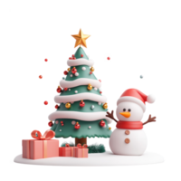 3D Christmas tree with gifts, and a snowman 3D icon cartoon smooth soft light isolate on transparent background png
