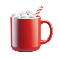 Red Hot chocolate mug with candy cane and marshmallows 3D icon cartoon smooth soft light isolate on transparent background png