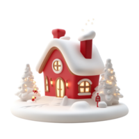 Red decoration Christmas house with snow 3D icon cartoon smooth soft light isolate on transparent background png