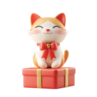 Cat sitting on red gift box 3D icon cartoon smooth soft light isolate on transparent background png
