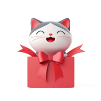 Cat coming out of the red gift box 3D icon cartoon smooth soft light isolate on transparent background png