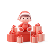 Baby sitting with red christmas gift boxes 3D icon cartoon smooth soft light isolate on transparent background png
