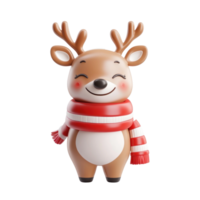 Smiling reindeer wearing a striped red and white scarf 3D icon cartoon smooth soft light isolate on transparent background png