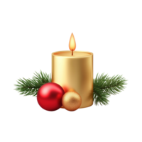 Gold Christmas candle with green fir branch and red shiny bauble 3D icon cartoon smooth soft light isolate on transparent background png