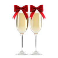 Two glasses of Champagne with red ribbon and bow 3D icon cartoon smooth soft light isolate on transparent background png
