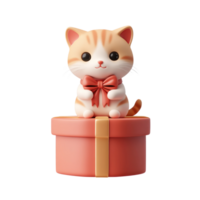 Cat sitting on red gift box 3D icon isolate on transparent background png