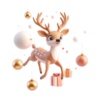 Christmas deer with decoration leaping on the air 3D icon cartoon smooth soft light isolate on transparent background png