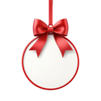 Red and white Round Christmas sale tag with ribbon and bow hanging 3D icon cartoon smooth soft light isolate on transparent background png