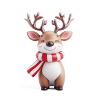 Smiling reindeer wearing a striped red and white scarf 3D icon cartoon smooth soft light isolate on transparent background png