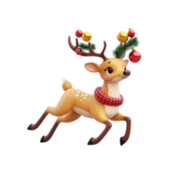 Christmas deer with decoration leaping on the air 3D icon cartoon smooth soft light isolate on transparent background png