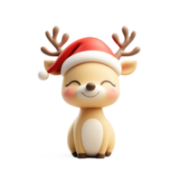Smiling reindeer wearing red santa's hat 3D icon isolate on transparent background png