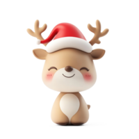 Smiling reindeer wearing red santa's hat 3D icon isolate on transparent background png