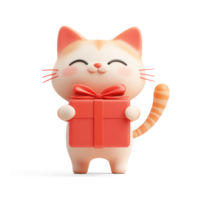 Cat holding red gift box 3D icon cartoon smooth soft light isolate on transparent background png