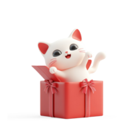 Cat coming out of the red gift box 3D icon cartoon smooth soft light isolate on transparent background png