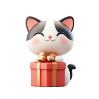 Cat sitting on red gift box 3D icon cartoon smooth soft light isolate on transparent background png