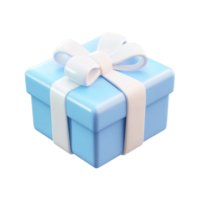 Blue gift box with white ribbon and bow 3D icon cartoon smooth soft light isolate on transparent background png