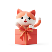Cat coming out of the red gift box 3D icon cartoon smooth soft light isolate on transparent background png