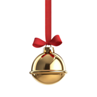 Gold christmas jingle bell with red ribbon hanging 3D icon cartoon round edges isolate on transparent background png