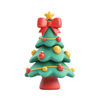 Christmas tree with Big red bow and decoration in color green red and gold 3D icon clay style vibrate color isolate on transparent background png
