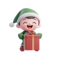 Elf opening his red present, wearing green costume, smiling and excited 3D icon isolate on transparent background png