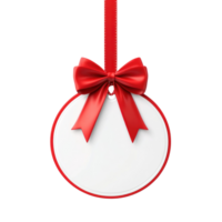 Red and white Round Christmas sale tag with ribbon and bow hanging 3D icon cartoon smooth soft light isolate on transparent background png