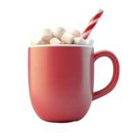 Red Hot chocolate mug with candy cane and marshmallows 3D icon cartoon smooth soft light isolate on transparent background png