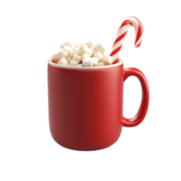 Red Hot chocolate mug with candy cane and marshmallows 3D icon cartoon smooth soft light isolate on transparent background png
