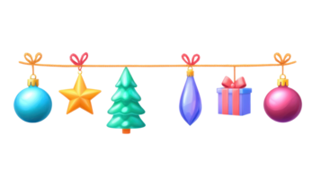 Christmas garland colorful Star, ball, icicle, cone, fir tree, present box hanging 3D icon cartoon isolate on transparent background png