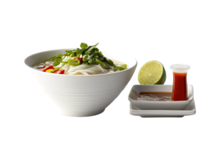 Pho noodle soup with chili peppers, lime, basil, and chopsticks on a transparent background png