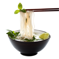 Pho noodle soup with fresh herbs and lime served with chopsticks on a transparent background png