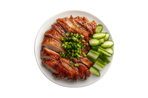 Sliced Peking duck with cucumber, green onions, and hoisin sauce isolated on a transparent background png