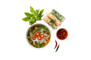Pho noodle soup with chili, fresh herbs, spring rolls, and dipping sauce on a transparent background png