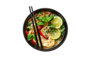 Pho noodle soup with beef, chili peppers, bean sprouts, cilantro, and lime on a transparent background png