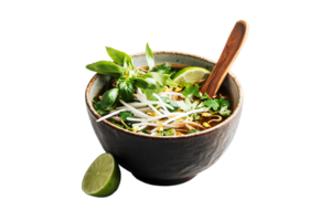 Pho noodle soup with bean sprouts, lime, and fresh herbs on a transparent background png