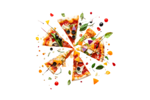 Pizza slices with flying toppings isolated on a transparent background png